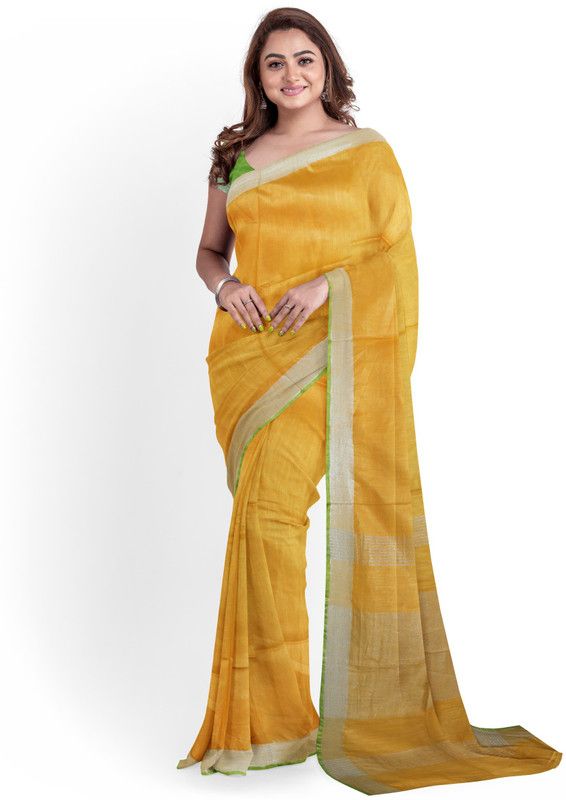Solid/Plain Bhagalpuri Cotton Linen Saree  (Yellow)