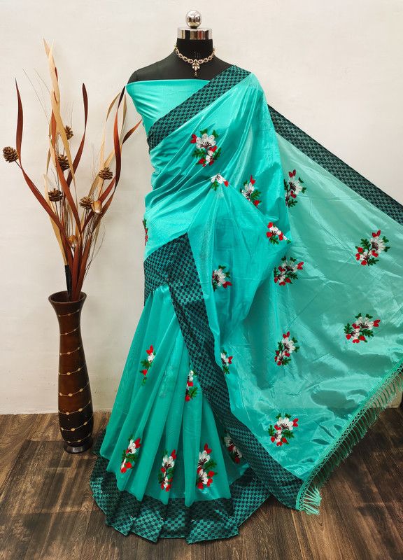Embroidered Bollywood Silk Blend, Cotton Blend Saree  (Light Blue)