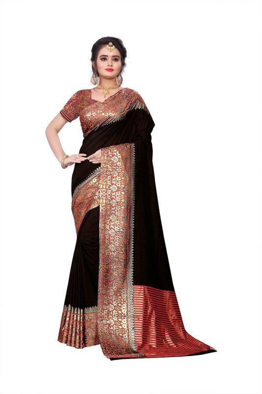 Banarasi Silk Blend Saree  (Black, Maroon)