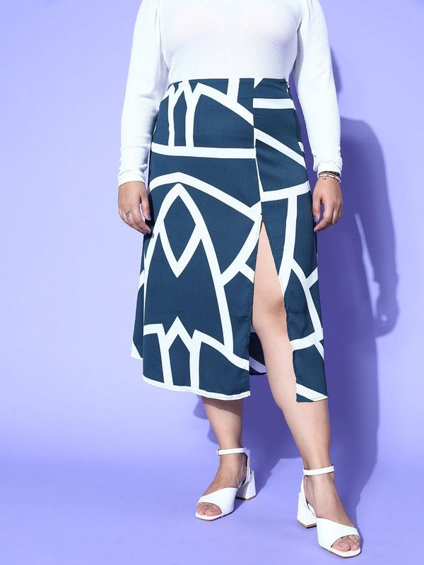 Women Geometric Print A-line Blue Skirt