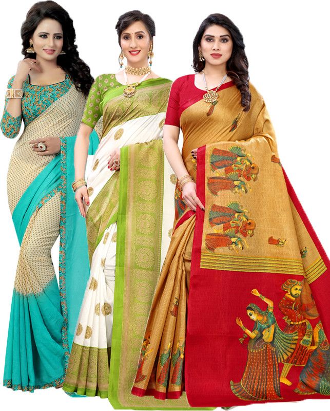 Printed Bollywood Georgette Saree  (Pack of 3, Light Green, Green, Cream)