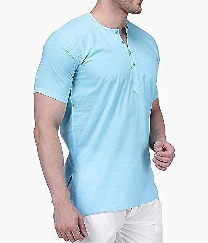 Men Solid Cotton Blend A-line Kurta  (Light Blue)