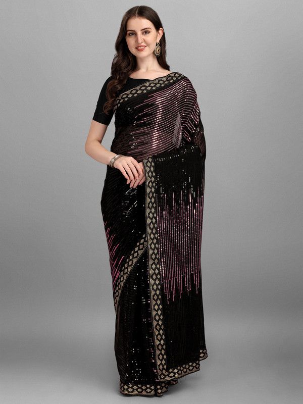 Embellished Bollywood Georgette Saree  (Purple, Black)