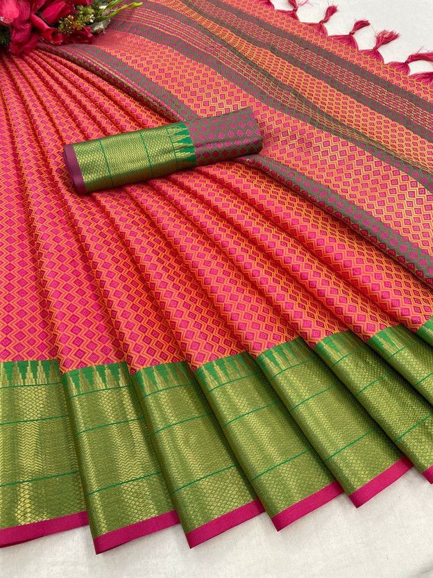 Woven Daily Wear Jacquard Saree  (Pink)