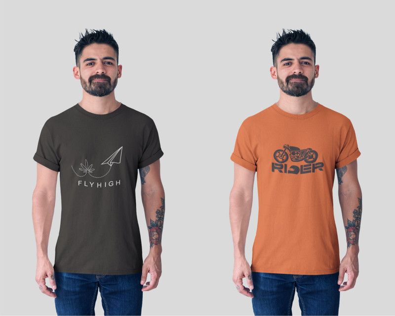 Graphic Print Men Green, Orange T-Shirt  (Pack of 2)