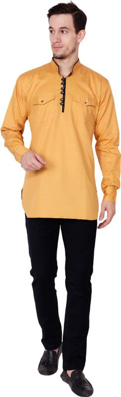 Men Solid Cotton Linen Straight Kurta  (Gold)