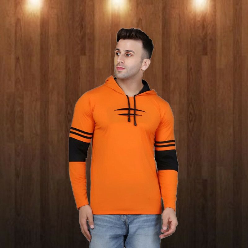 Men Colorblock Hooded Neck Cotton Blend Orange T-Shirt
