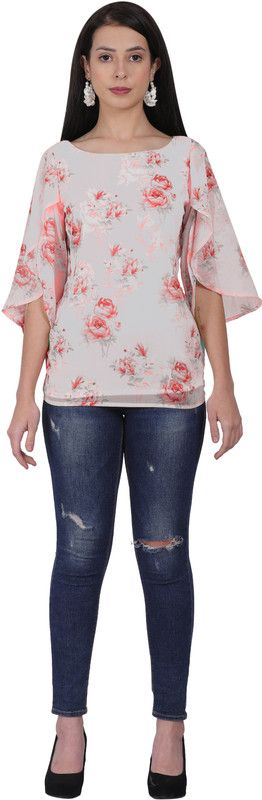 Casual Cape Sleeves Floral Print Women Grey Top