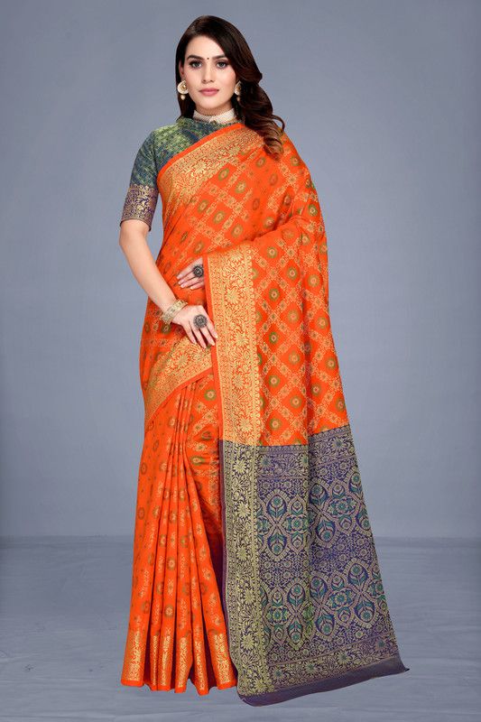 Embellished Bollywood Silk Blend Saree  (Orange, Dark Blue)