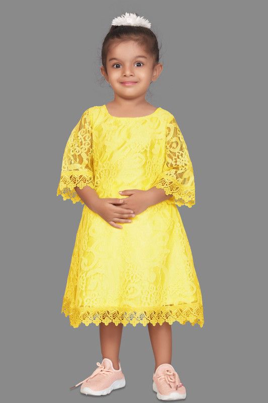 Baby Girls Calf Length Party Dress  (Yellow, 3/4 Sleeve)