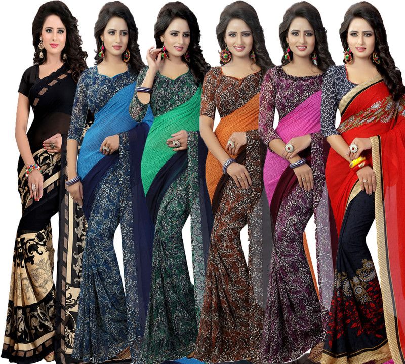 Printed Daily Wear Georgette Saree  (Pack of 6, Red, Green, Blue, Black, Pink, Orange)