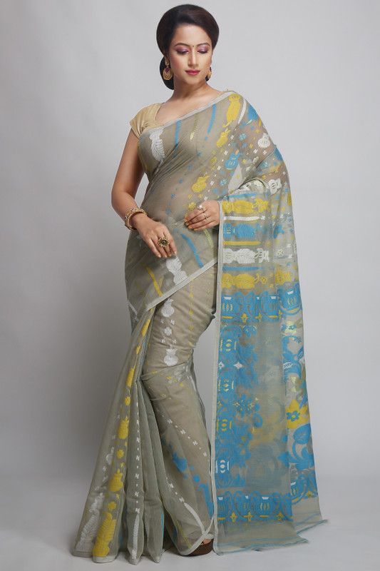 Woven Jamdani Cotton Silk Saree  (Beige)