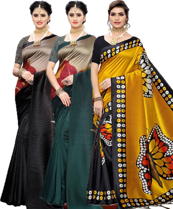 Floral Print Bollywood Georgette Saree  (Pack of 3, Dark Green, Black)