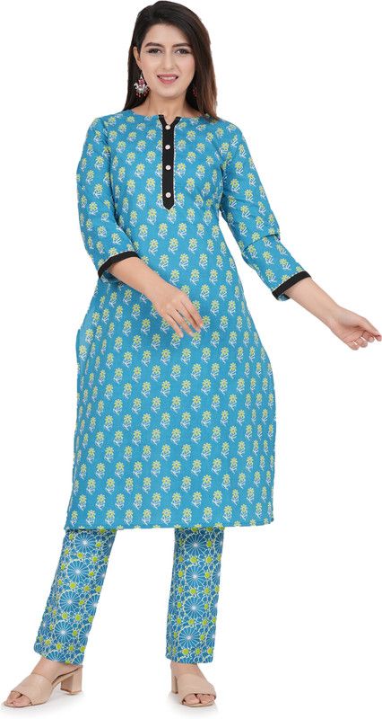 Pack of 2 Women Printed Pure Cotton Straight Kurta  (Light Blue)