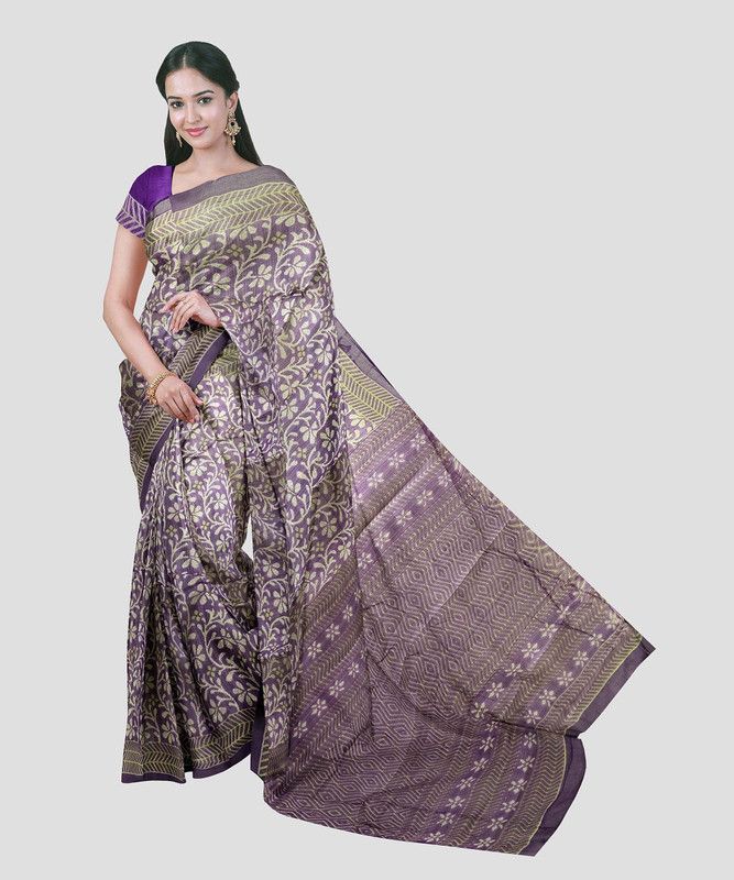 Floral Print Kalamkari Pure Cotton Saree  (Purple)