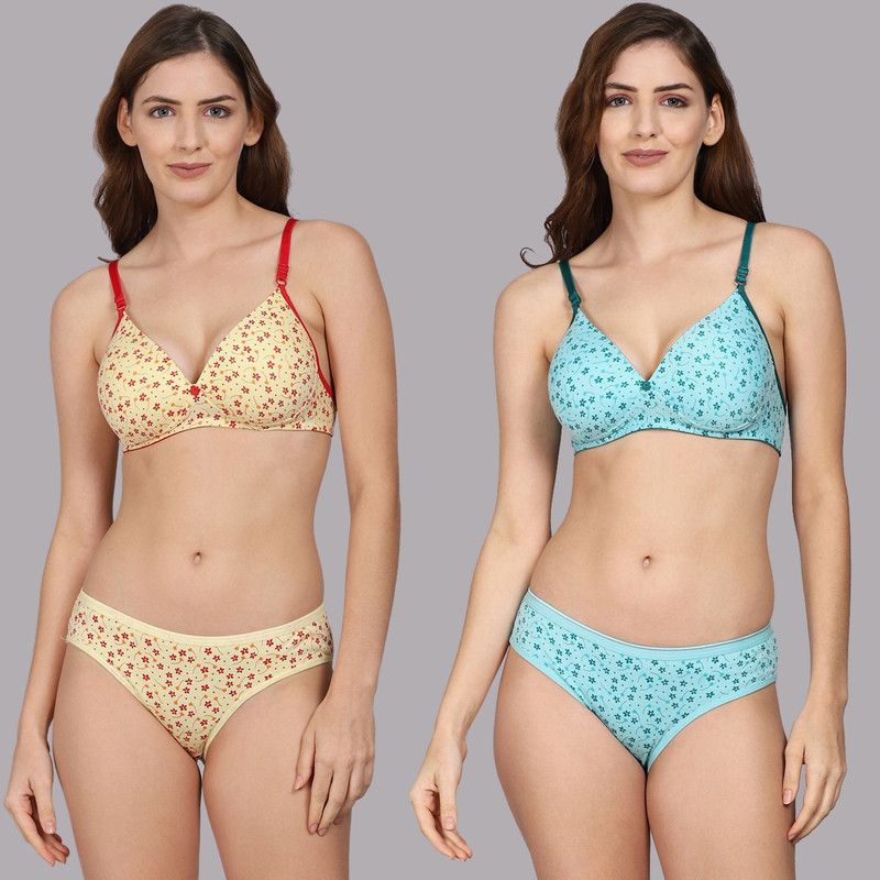 Bra & Panty Set Printed Yellow, Blue Lingerie Set
