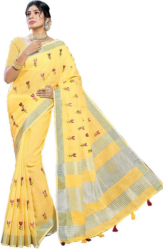 Woven Banarasi Linen Saree  (Yellow)