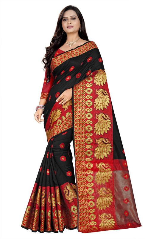 Paisley, Animal Print, Solid/Plain Kanjivaram Cotton Blend, Jacquard Saree  (Red, Gold, Black)