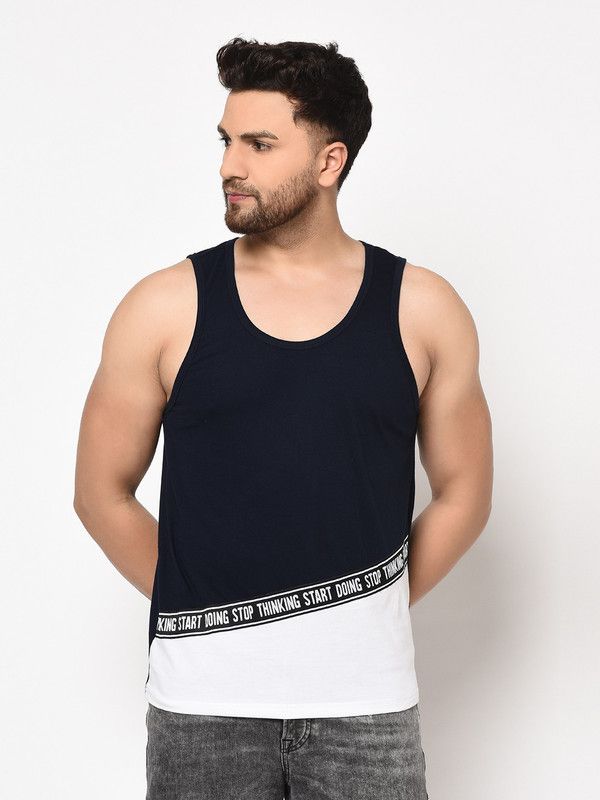 Men Colorblock Round Neck Cotton Blend Dark Blue, White T-Shirt