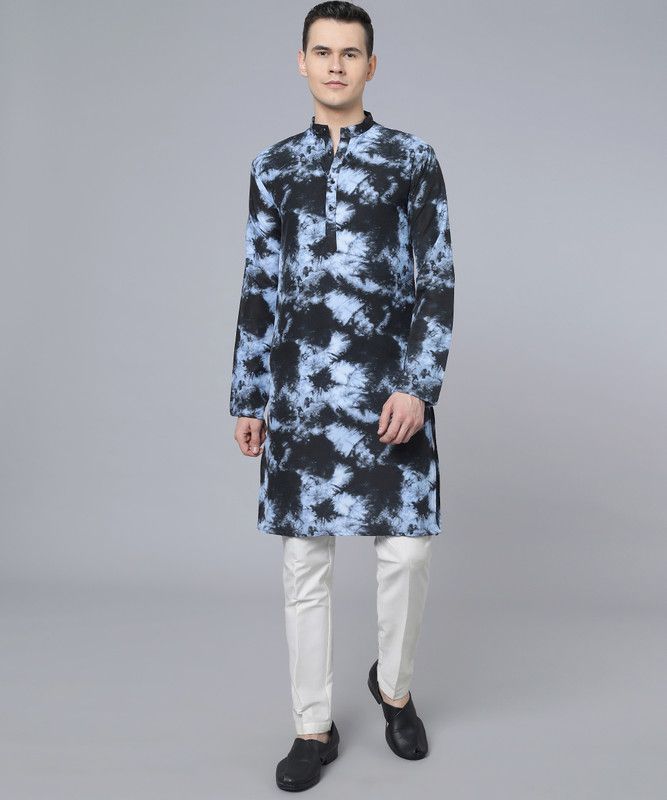 Men Printed Cotton Blend A-line Kurta  (Blue)