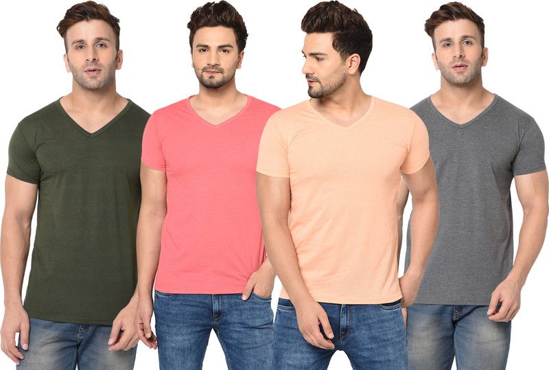 Pack of 4 V neck Combo T-shirts Men Solid V Neck Cotton Blend Green, Pink, Orange, Grey T-Shirt