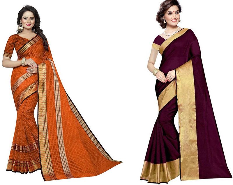 Checkered Daily Wear Cotton Silk Saree  (Pack of 2, Orange)