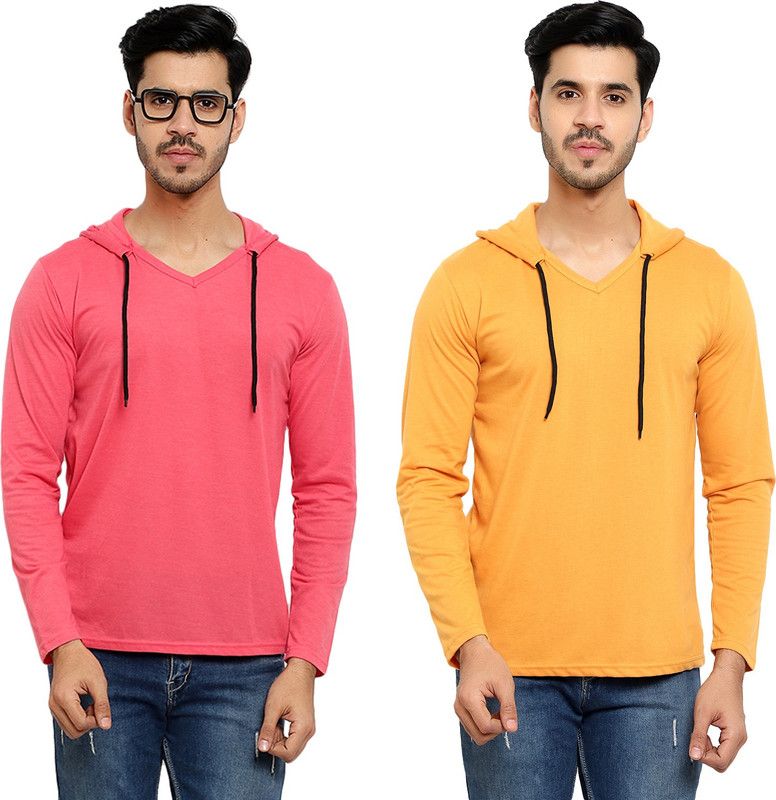 Pack of 2 Men Solid Hooded Neck Cotton Blend Gold, Pink T-Shirt