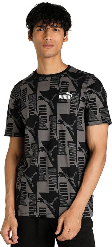 Power AOP Tee Men Printed Crew Neck Cotton Blend Black T-Shirt