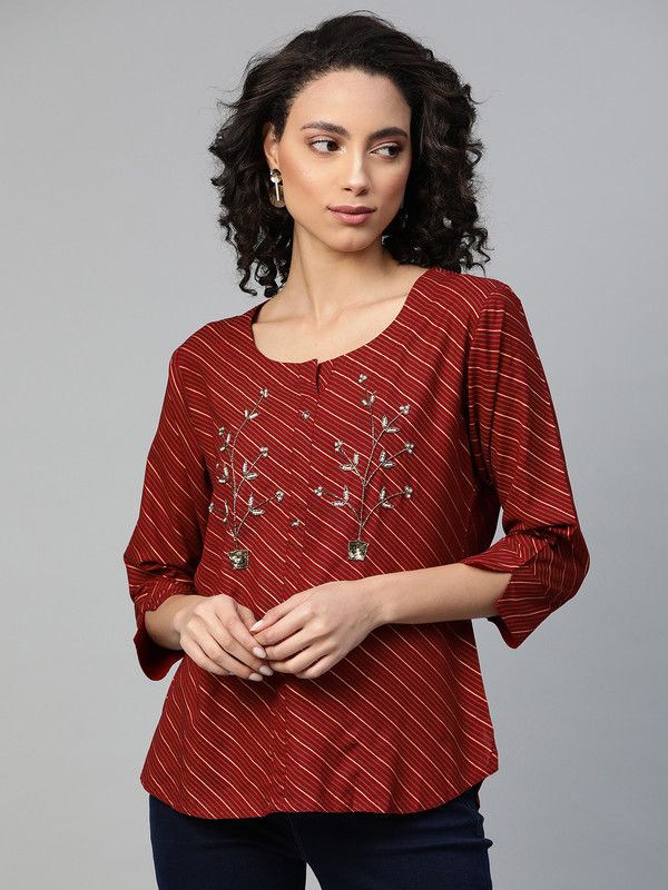 Casual Regular Sleeves Striped, Embellished Women Maroon Top