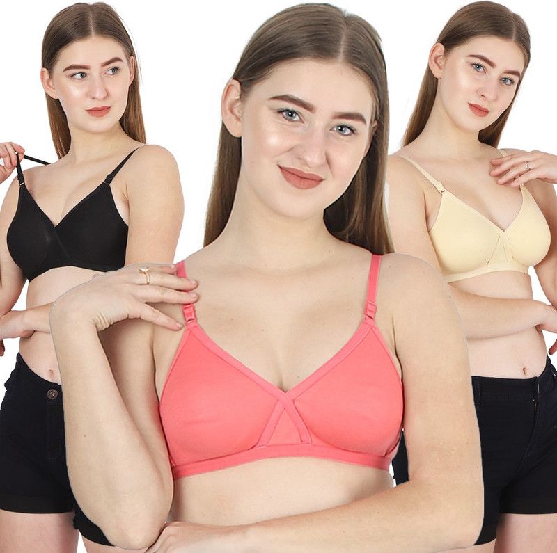 Women Full Coverage Non Padded Bra  (Beige, Orange, Black)