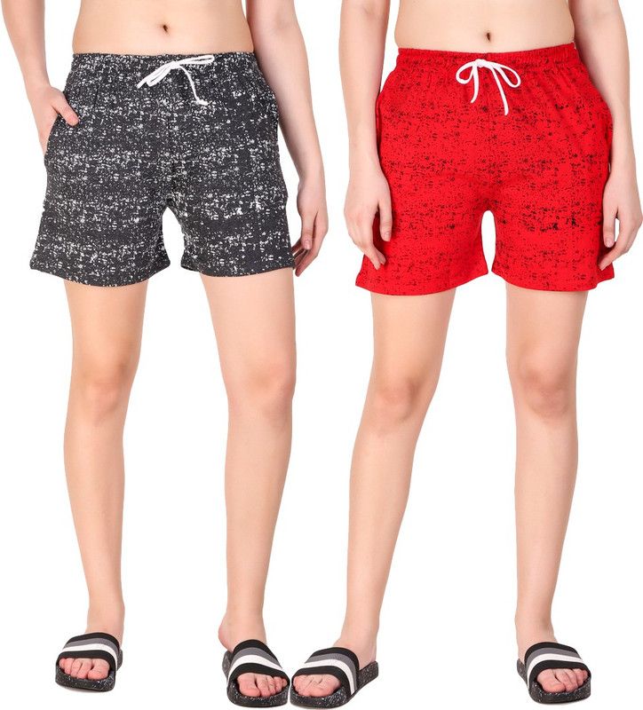 Pack of 2 Printed Women Dark Grey, Red Regular Shorts