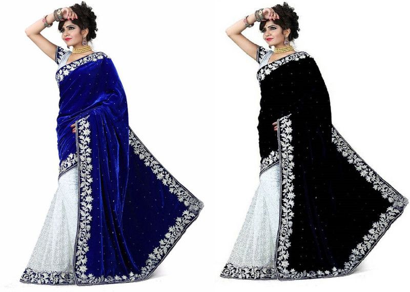 Embellished Bollywood Velvet Saree  (Blue, Black)