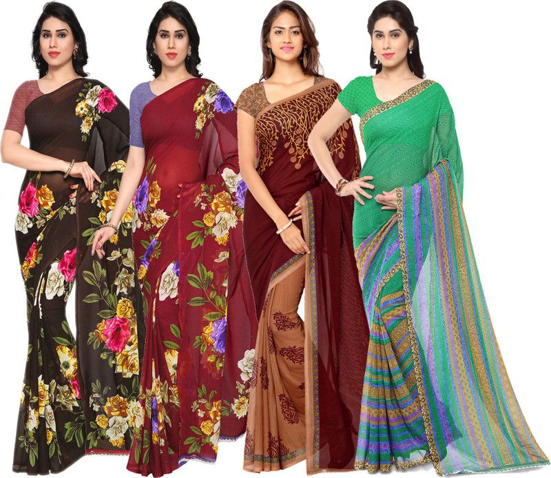 Printed Fashion Georgette Saree  (Pack of 4, Multicolor)
