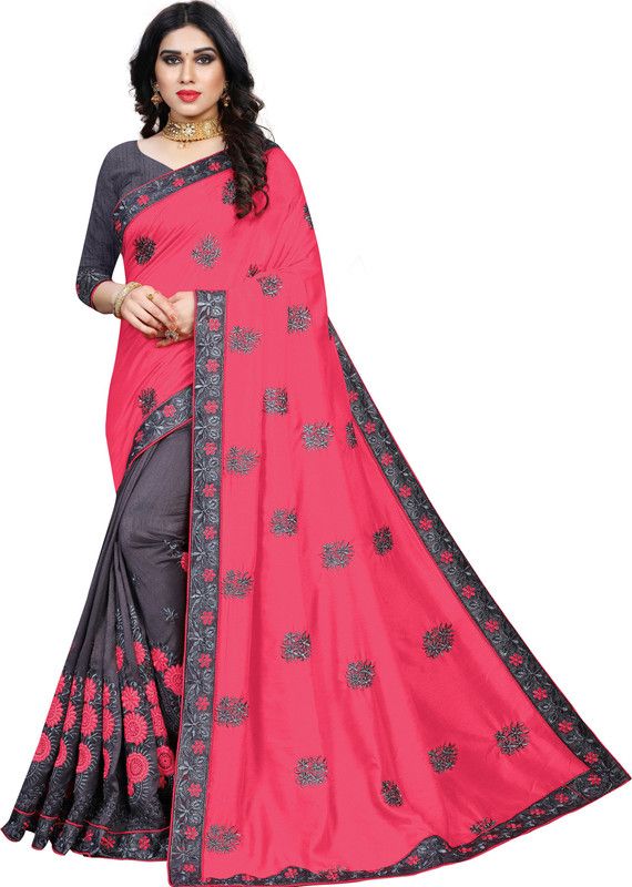 Embroidered Bollywood Pure Silk Saree  (Pink, Cream)