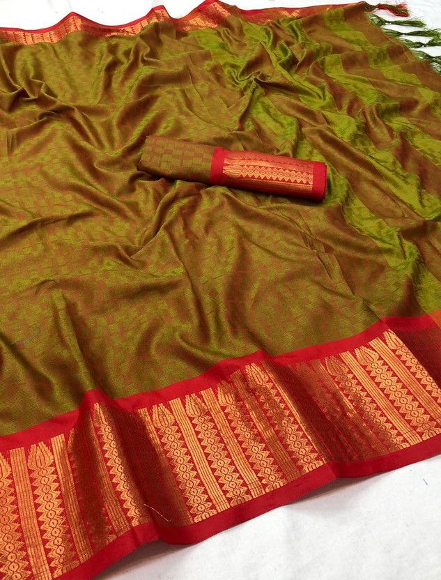 Woven Assam Silk Cotton Silk Saree  (Green, Red)