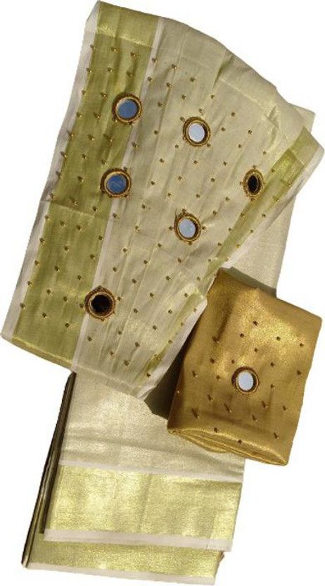 Embellished Kasavu Tissue Saree  (Cream)