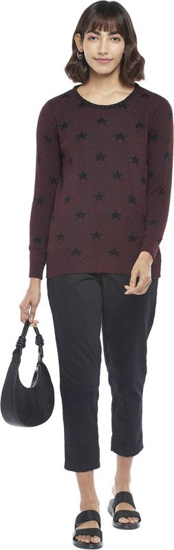 Women Self Design, Printed Round Neck Maroon Sweater