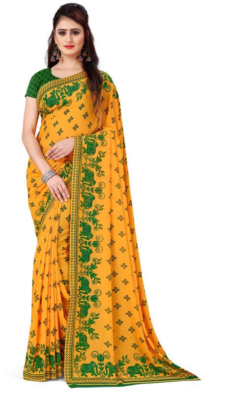 Paisley, Animal Print, Floral Print Daily Wear Georgette Saree  (Green, Yellow)