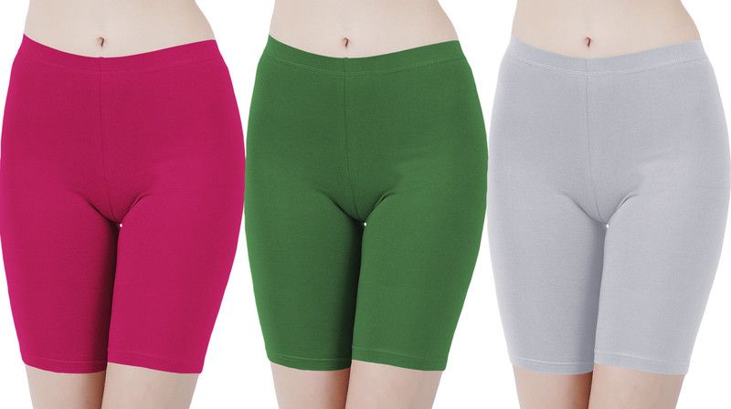 Pack of 3 Solid Women Pink, Green, Grey Cycling Shorts