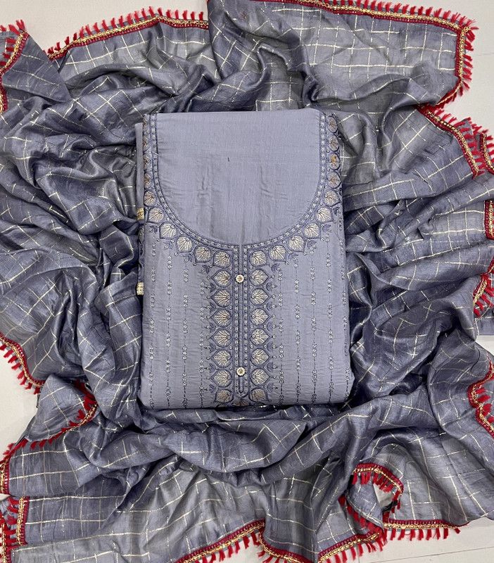 Unstitched Linen Blend Salwar Suit Material Embroidered