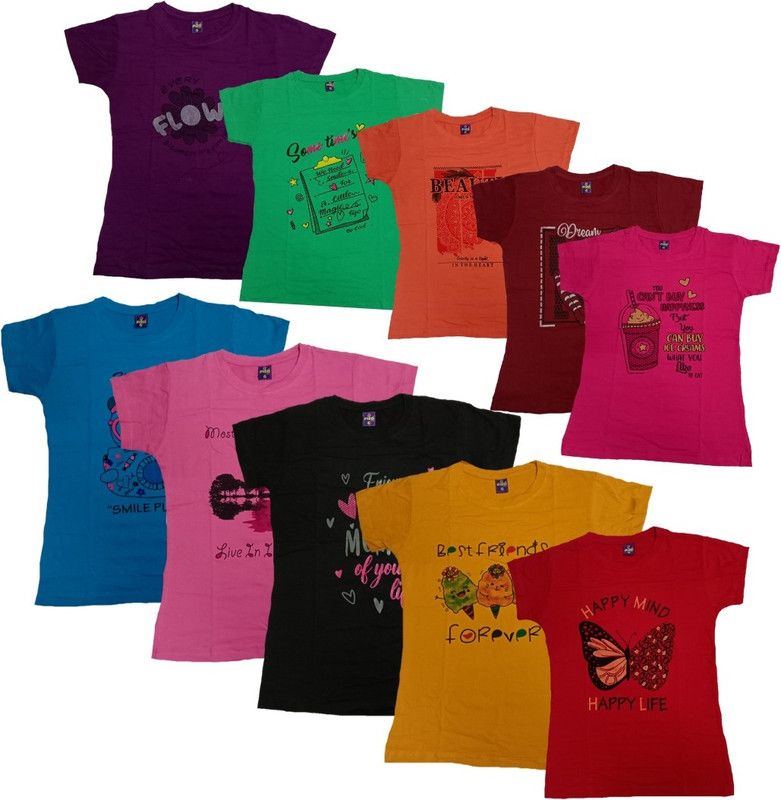 Girls Typography Cotton Blend T Shirt  (Multicolor, Pack of 10)