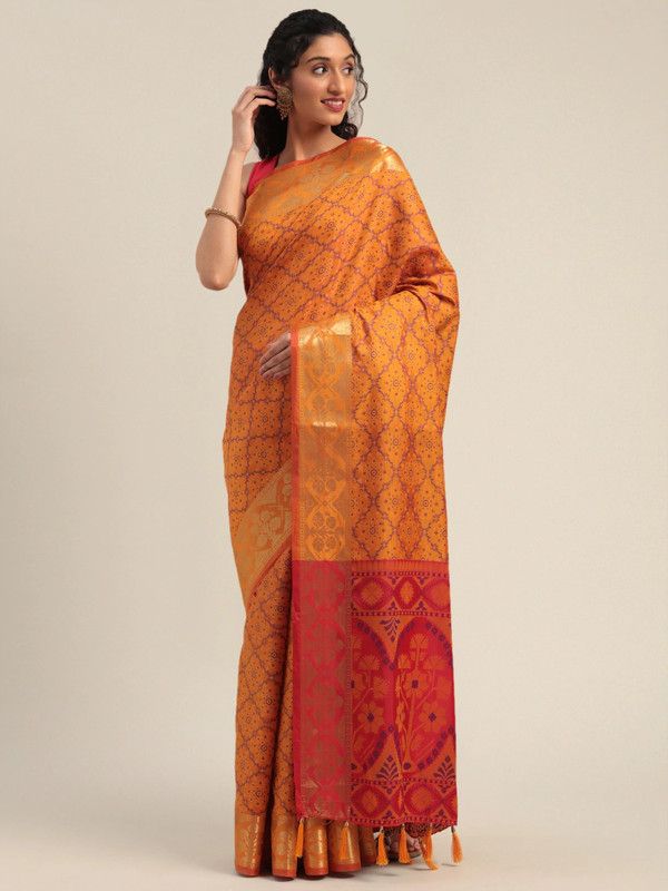 Printed Kanjivaram Silk Blend Saree  (Orange)