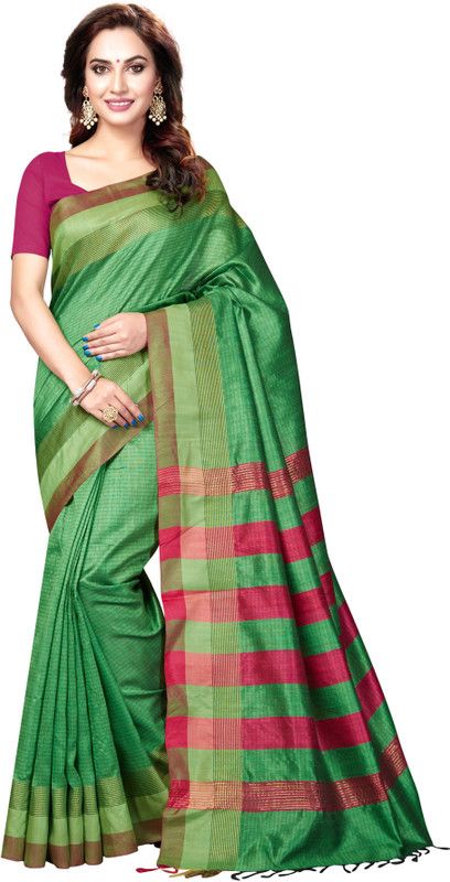 Striped Bollywood Dupion Silk, Art Silk Saree  (Green)