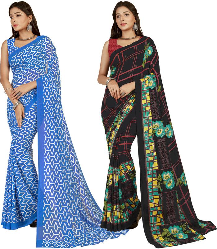Paisley, Striped, Floral Print, Ombre, Printed Daily Wear Georgette Saree  (Pack of 2, Black, Light Blue, Multicolor)