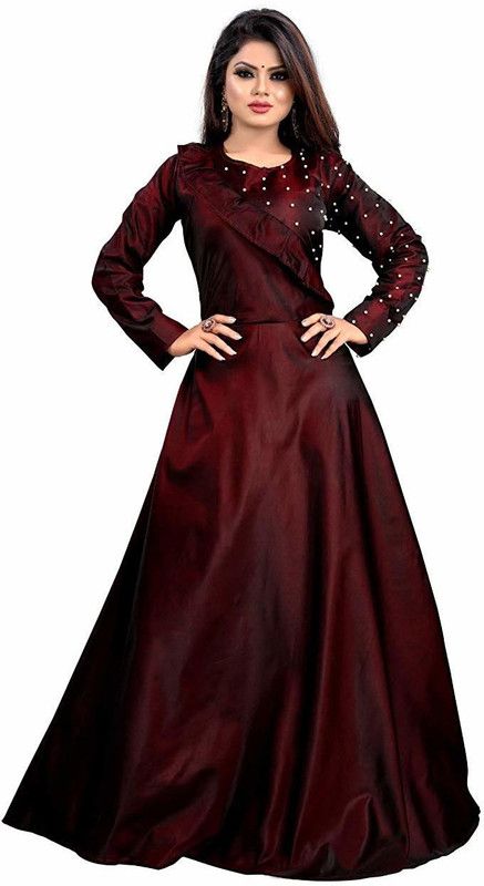 Embellished Satin Stitched Anarkali Gown  (Maroon)