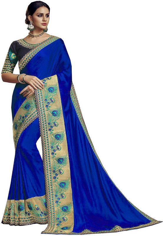 Embroidered, Solid/Plain Bollywood Silk Blend Saree  (Light Blue)
