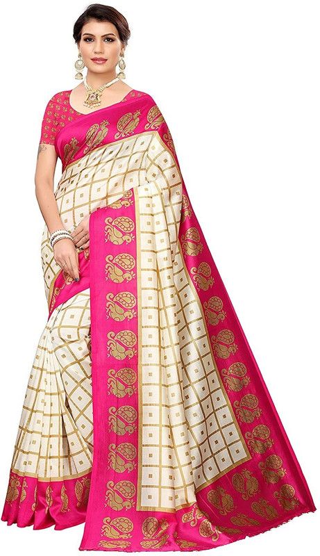 Printed Fashion Art Silk Saree  (White, Pink)