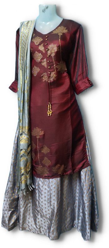 Solid Stitched Lehenga & Kurta  (Maroon)