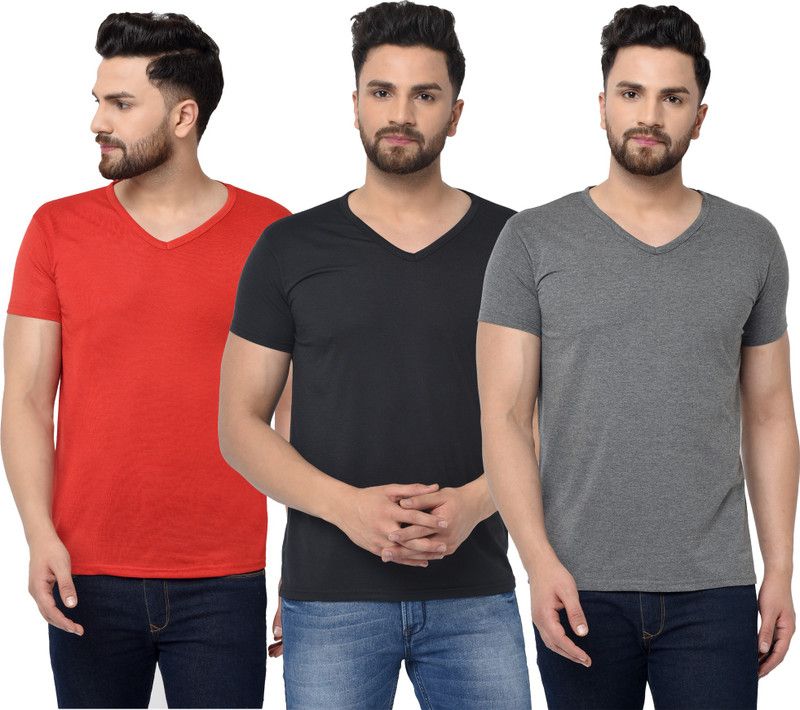 Pack of 3 V neck Combo T-shirts Multicolor Men Solid V Neck Cotton Blend Red, Black, Grey T-Shirt