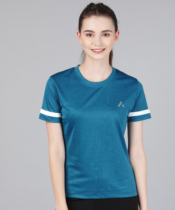 Women Colorblock Round Neck Polyester Dark Blue T-Shirt